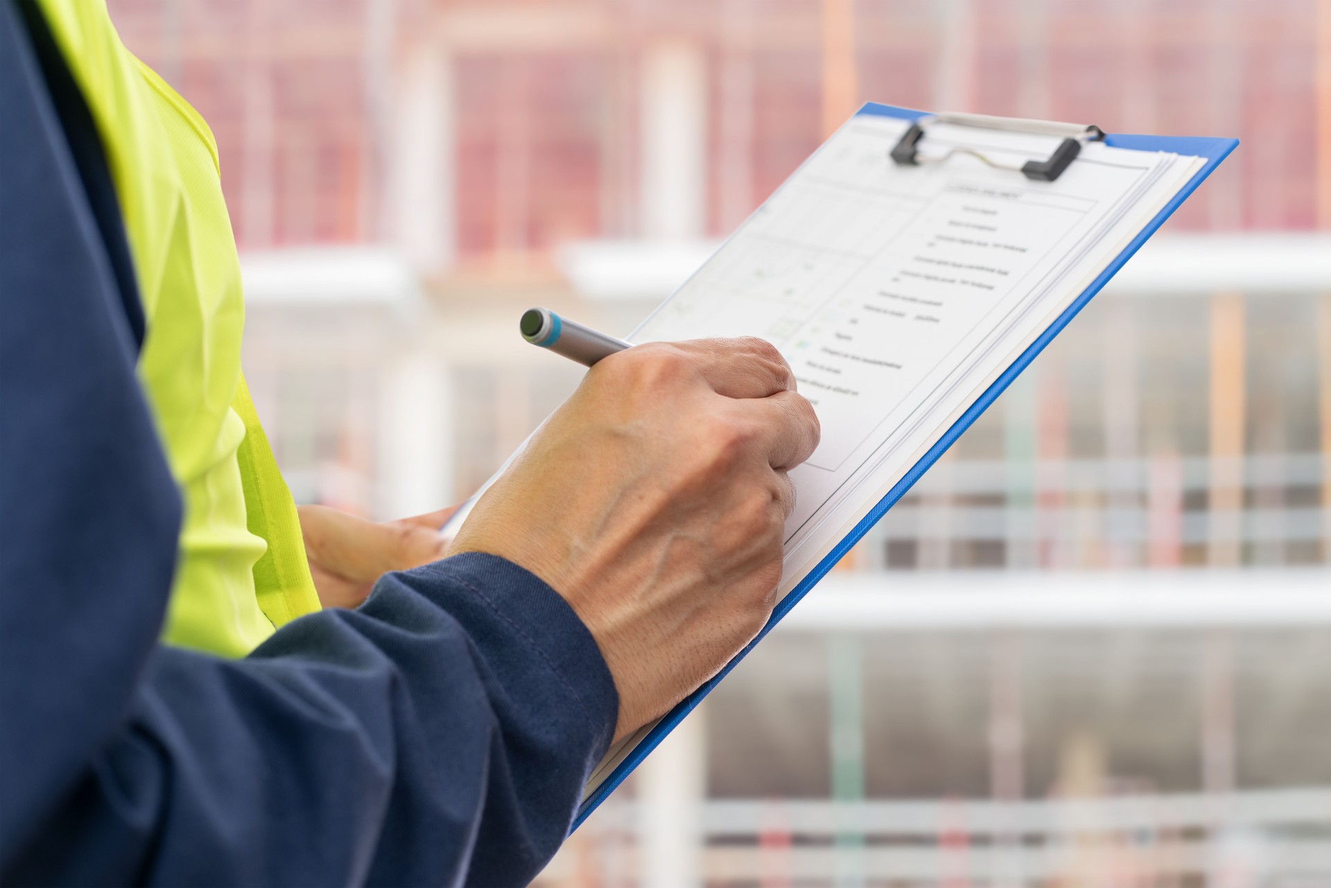 Construction manager reviewing documents on the building under construction